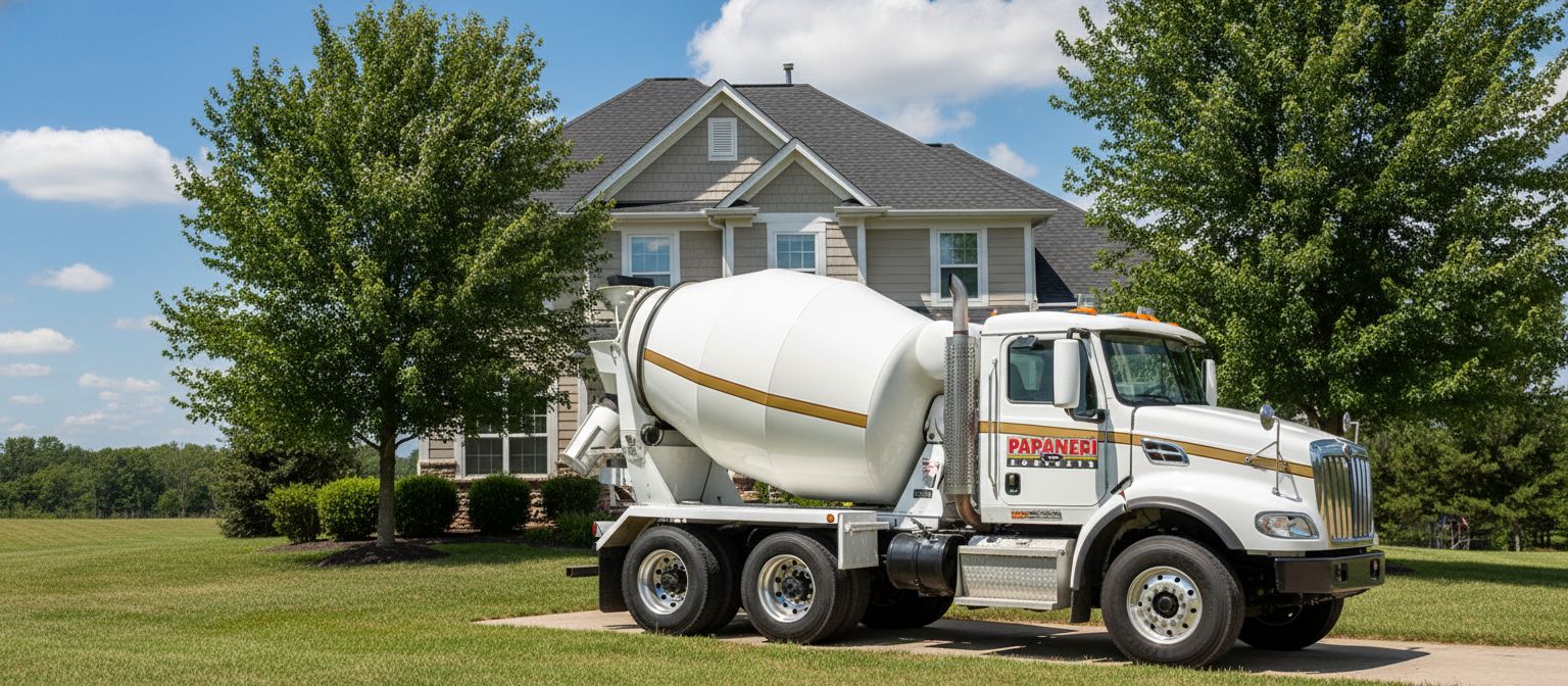 Papaneri and Sons Concrete mixer truck parked in front of a South Jersey home